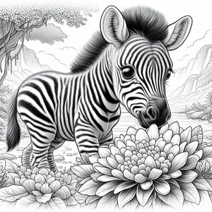 May include: A black and white zebra foal with a striped pattern is sniffing a large white flower with many petals. The zebra is standing in a grassy area with a river in the background.