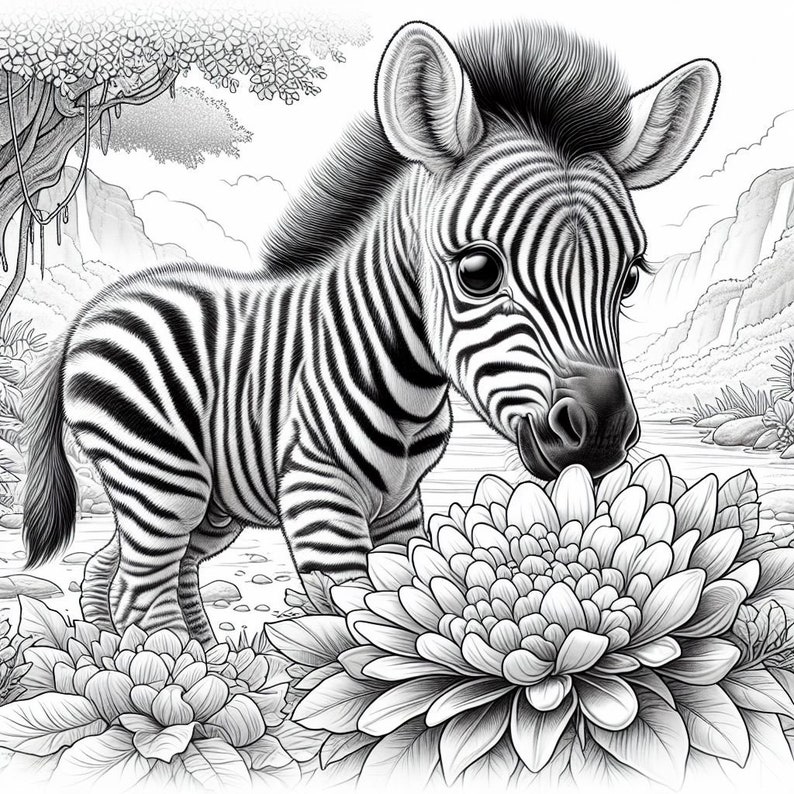 May include: A black and white zebra foal with a striped pattern is sniffing a large white flower with many petals. The zebra is standing in a grassy area with a river in the background.