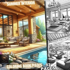 May include: A coloring book with 41 pages featuring a summer interior scene with a swimming pool, patio furniture, and a view of a lush green forest. The book includes a black and white illustration of the scene for coloring.