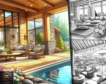 41 Summer Interior Coloring Pages, Interior Coloring Book, Interior Room Coloring, Pocket Room Fantasy Gayscale Adult Kids Printable Pdf
