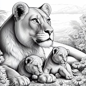 May include: A black and white illustration of a lioness with two cubs. The lioness is lying down with her head turned to the side, looking off into the distance. The cubs are lying in front of her, one on each side. The background is a field of flowers.