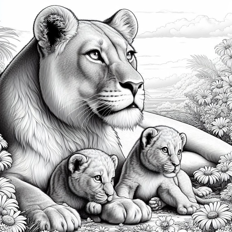 May include: A black and white illustration of a lioness with two cubs. The lioness is lying down with her head turned to the side, looking off into the distance. The cubs are lying in front of her, one on each side. The background is a field of flowers.