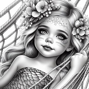 73 Mermaid in Hammock Coloring, Mermaid Coloring Pages, Litlle Mermaid Coloring Book Grayscale Download Printable Adult & Kids Print Pdf image 6