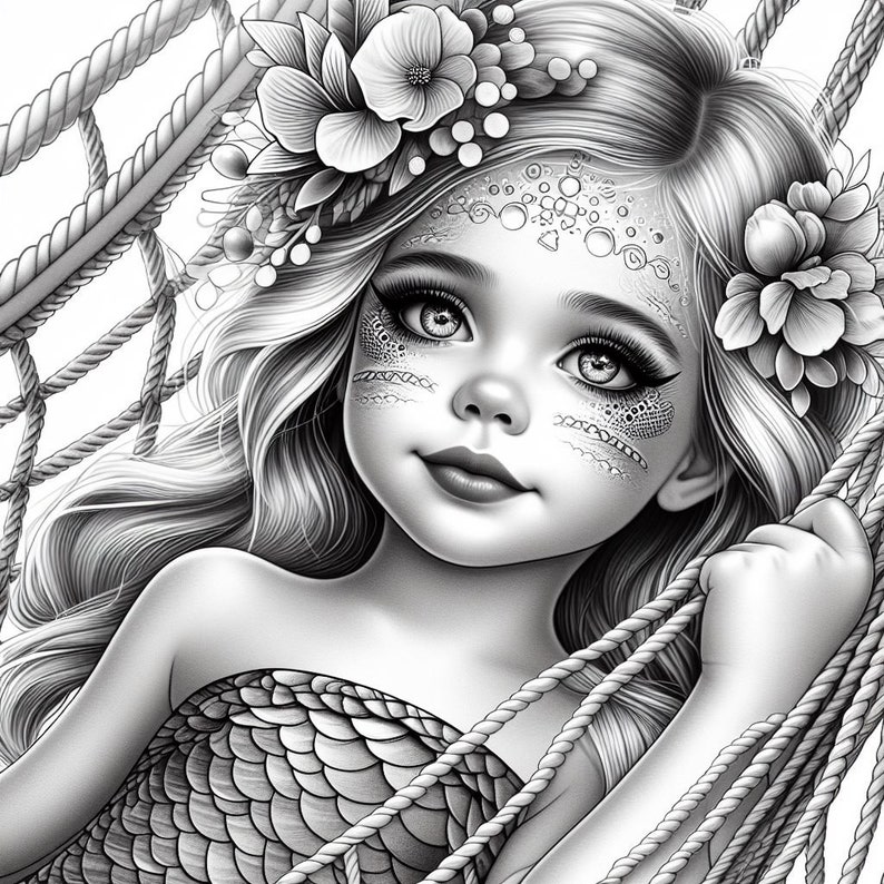 73 Mermaid in Hammock Coloring, Mermaid Coloring Pages, Litlle Mermaid Coloring Book Grayscale Download Printable Adult & Kids Print Pdf image 6