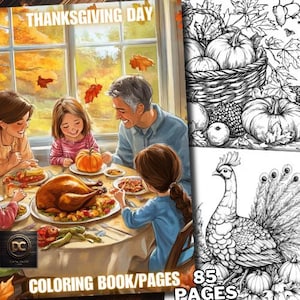 Puede incluir: Un libro para colorear del Día de Acción de Gracias con 85 páginas. La portada muestra a una familia reunida alrededor de una mesa con un pavo asado, verduras y una calabaza. El libro también incluye una página para colorear de un pavo real.