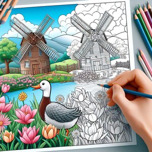 May include: A coloring book page with a colorful illustration of a windmill, a duck, and flowers. The page is partially colored in, with the windmill and flowers in the foreground colored in.