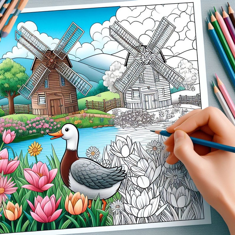 May include: A coloring book page with a colorful illustration of a windmill, a duck, and flowers. The page is partially colored in, with the windmill and flowers in the foreground colored in.