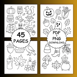 May include: Black and white line art illustrations of autumn and Halloween-themed objects. Includes pumpkins, leaves, a scarecrow, a ghost, and the text "45 PAGES" and "PDF + PNG DOWNLOAD".