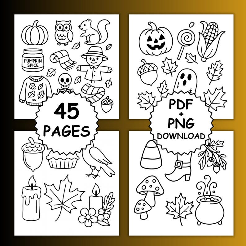 May include: Black and white line art illustrations of autumn and Halloween-themed objects. Includes pumpkins, leaves, a scarecrow, a ghost, and the text "45 PAGES" and "PDF + PNG DOWNLOAD".