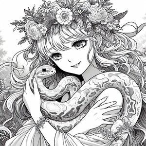 May include: A black and white illustration of a woman with long flowing hair wearing a flower crown and holding a snake.