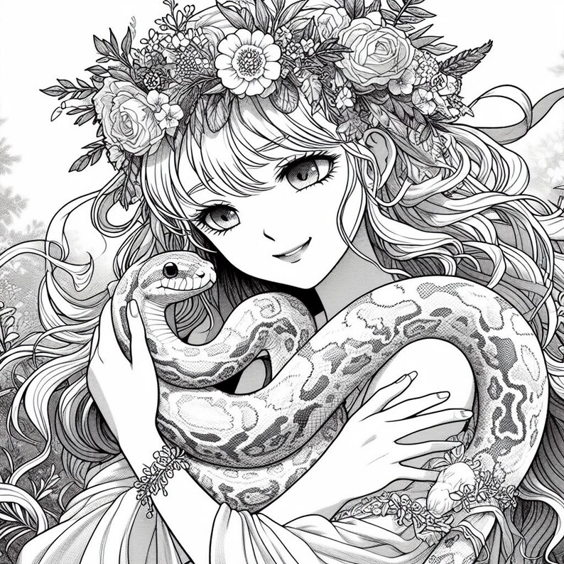 May include: A black and white illustration of a woman with long flowing hair wearing a flower crown and holding a snake.
