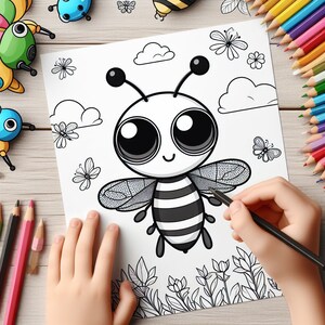 May include: A black and white coloring page featuring a cartoon bee with large eyes and a striped abdomen. The bee is surrounded by flowers and clouds.