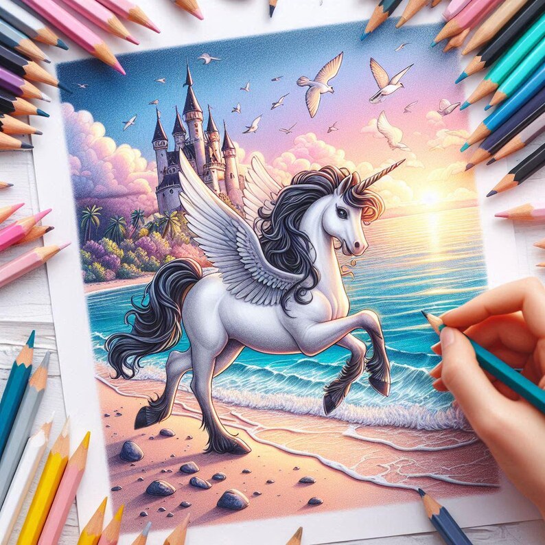 40 Summer Unicorn Coloring Pages, Unicorn Coloring Book, Enchanted & Magical Unicorns Fantasy Grayscale Coloring Adult Kids Printable Pdf image 3