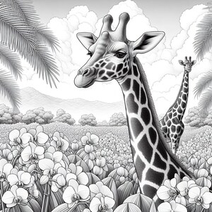 May include: A black and white illustration of two giraffes standing in a field of flowers. The giraffes are drawn in a realistic style, with detailed features and patterns on their necks. The flowers are simple, but add a touch of whimsy to the scene.