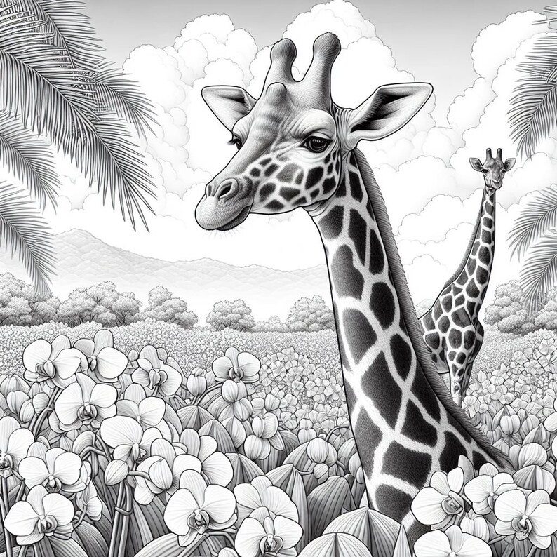 May include: A black and white illustration of two giraffes standing in a field of flowers. The giraffes are drawn in a realistic style, with detailed features and patterns on their necks. The flowers are simple, but add a touch of whimsy to the scene.