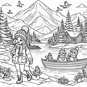 May include: Black and white illustration of a winter scene. A person in winter clothing walks a snowman on a leash. Snowmen ride in a boat on a lake, with a cabin and mountains in the background. Birds fly overhead.