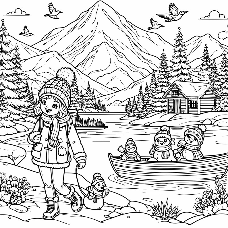 May include: Black and white illustration of a winter scene. A person in winter clothing walks a snowman on a leash. Snowmen ride in a boat on a lake, with a cabin and mountains in the background. Birds fly overhead.