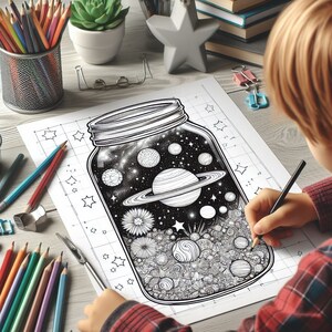 May include: A black and white illustration of a mason jar filled with a galaxy, planets, and stars. The jar is on a gridded sheet of paper with a person's hand holding a pencil nearby.