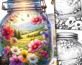 54 Jar Spring Coloring Pages, Floral Jar Coloring Book, Flower Jar Coloring Grayscale for Adults and Kids Download Printable Pdf
