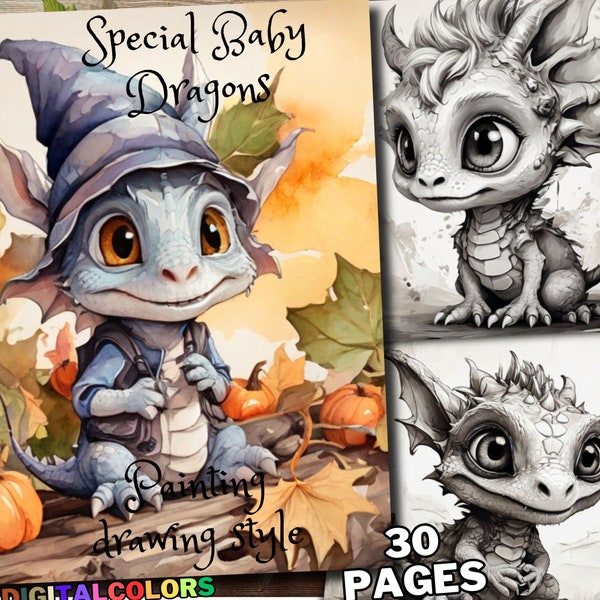 30 Baby Dragon Special, Baby Dragon Coloring Pages, Coloring Book, Books, Fantasy, Little, Grayscale Designs for Adults and Kids Download