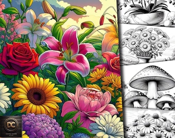 May include: A coloring book bundle featuring 2100 pages of flowers, mushrooms, and other nature-inspired designs. The cover features a colorful bouquet of flowers, including lilies, roses, sunflowers, and peonies.
