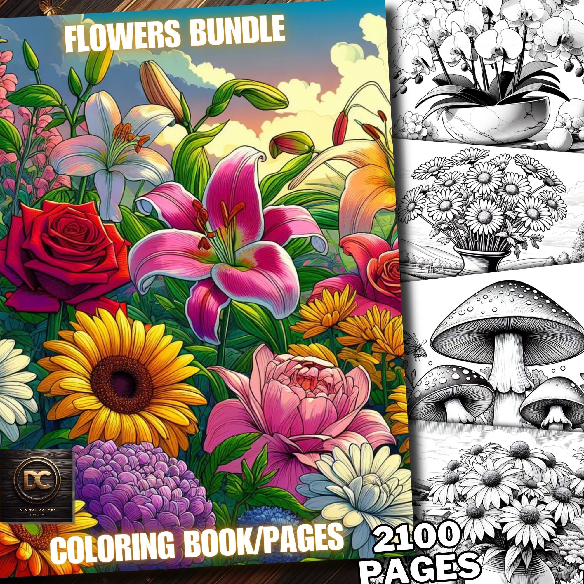 2100 Flowers Bundle Coloring Pages, 26 Flowers Pack Coloring Book