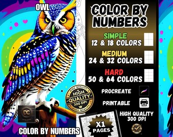 May include: Color by numbers coloring page featuring a colorful owl with a bright yellow, blue, and pink design. The page is labeled "OWL" and "COLOR BY NUMBERS". The image also includes a description of the difficulty levels: "SIMPLE", "MEDIUM", and "HARD", with the number of colors for each level. The image also includes the text "HIGH QUALITY 300 DPI" and "X1 PAGES".