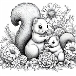 May include: A black and white illustration of two squirrels sitting in a garden of flowers. The squirrels are looking at each other and the larger squirrel is holding a flower in its paw.