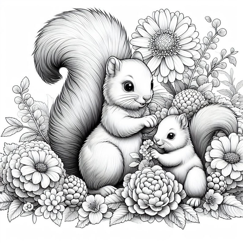May include: A black and white illustration of two squirrels sitting in a garden of flowers. The squirrels are looking at each other and the larger squirrel is holding a flower in its paw.