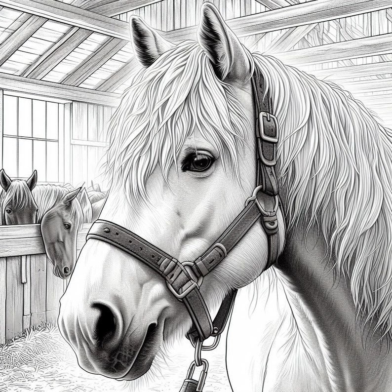 May include: A black and white drawing of a horse with a halter. The horse has a long, flowing mane and tail. The horse is looking to the left.