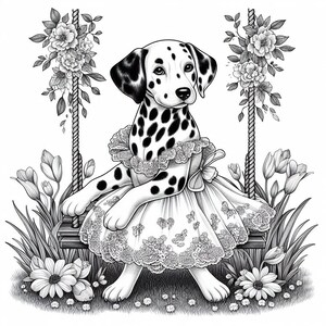 May include: A black and white Dalmatian dog wearing a white dress with lace trim and butterfly accents sits on a swing in a garden setting. The dog is surrounded by flowers and greenery.