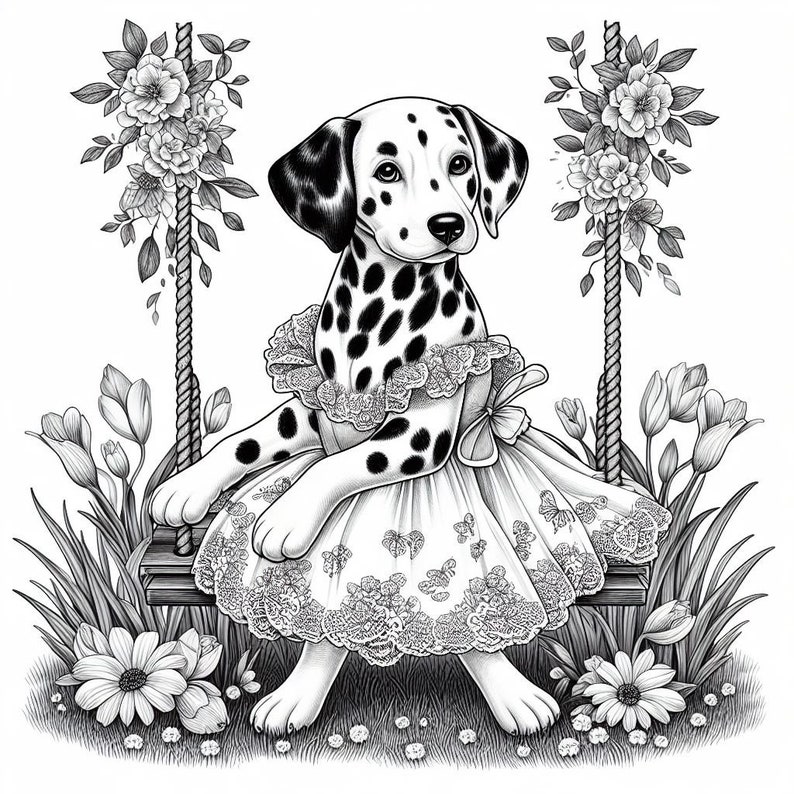 May include: A black and white Dalmatian dog wearing a white dress with lace trim and butterfly accents sits on a swing in a garden setting. The dog is surrounded by flowers and greenery.