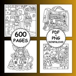 May include: Black and white line art illustrations for colouring pages. The images depict scenes of a kitchen, a backpack interior, a fairy in a teacup, and a Halloween scene. Text on the images reads "600 PAGES" and "PDF + PNG DOWNLOAD".
