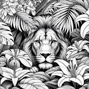 May include: A black and white illustration of a lion's face peeking out from behind lush tropical foliage. The lion has a serious expression and its mane is thick and full. The foliage includes large leaves and flowers.