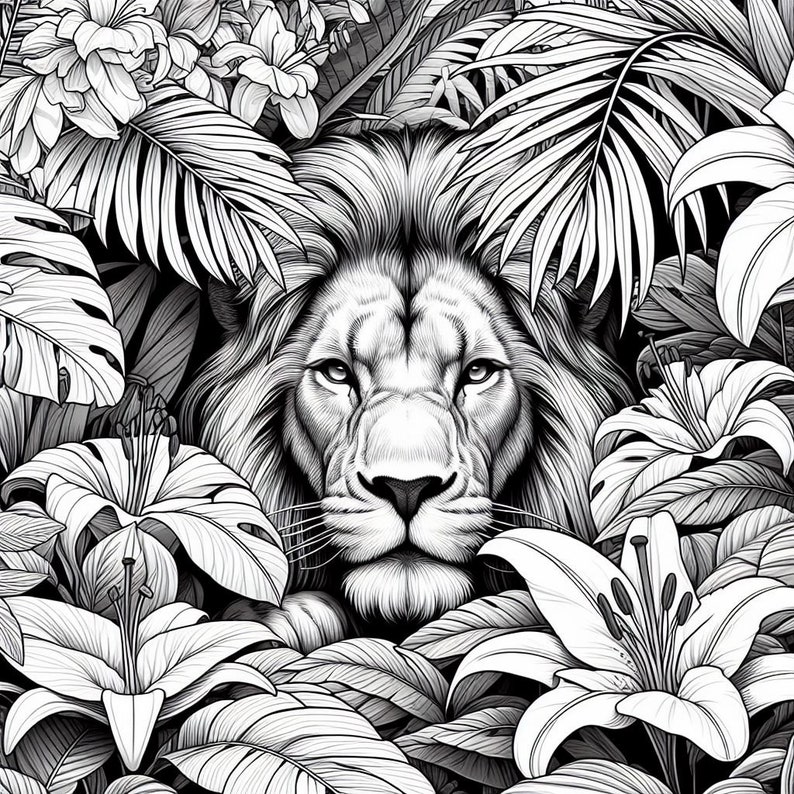May include: A black and white illustration of a lion's face peeking out from behind lush tropical foliage. The lion has a serious expression and its mane is thick and full. The foliage includes large leaves and flowers.