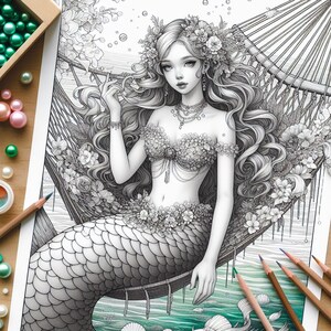 May include: A black and white illustration of a mermaid with long flowing hair, wearing a floral bra and a necklace, sitting in a hammock. The mermaid's tail is covered in scales and the hammock is decorated with flowers.