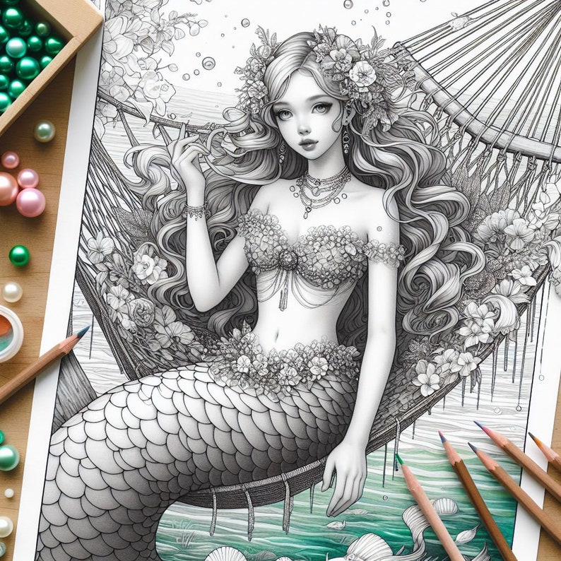 May include: A black and white illustration of a mermaid with long flowing hair, wearing a floral bra and a necklace, sitting in a hammock. The mermaid's tail is covered in scales and the hammock is decorated with flowers.