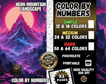 Coloring by numbers, digital coloring pages, paint by numbers, Procreate coloring book, adult coloring Ipad Coloring Neon Mountain Landscape