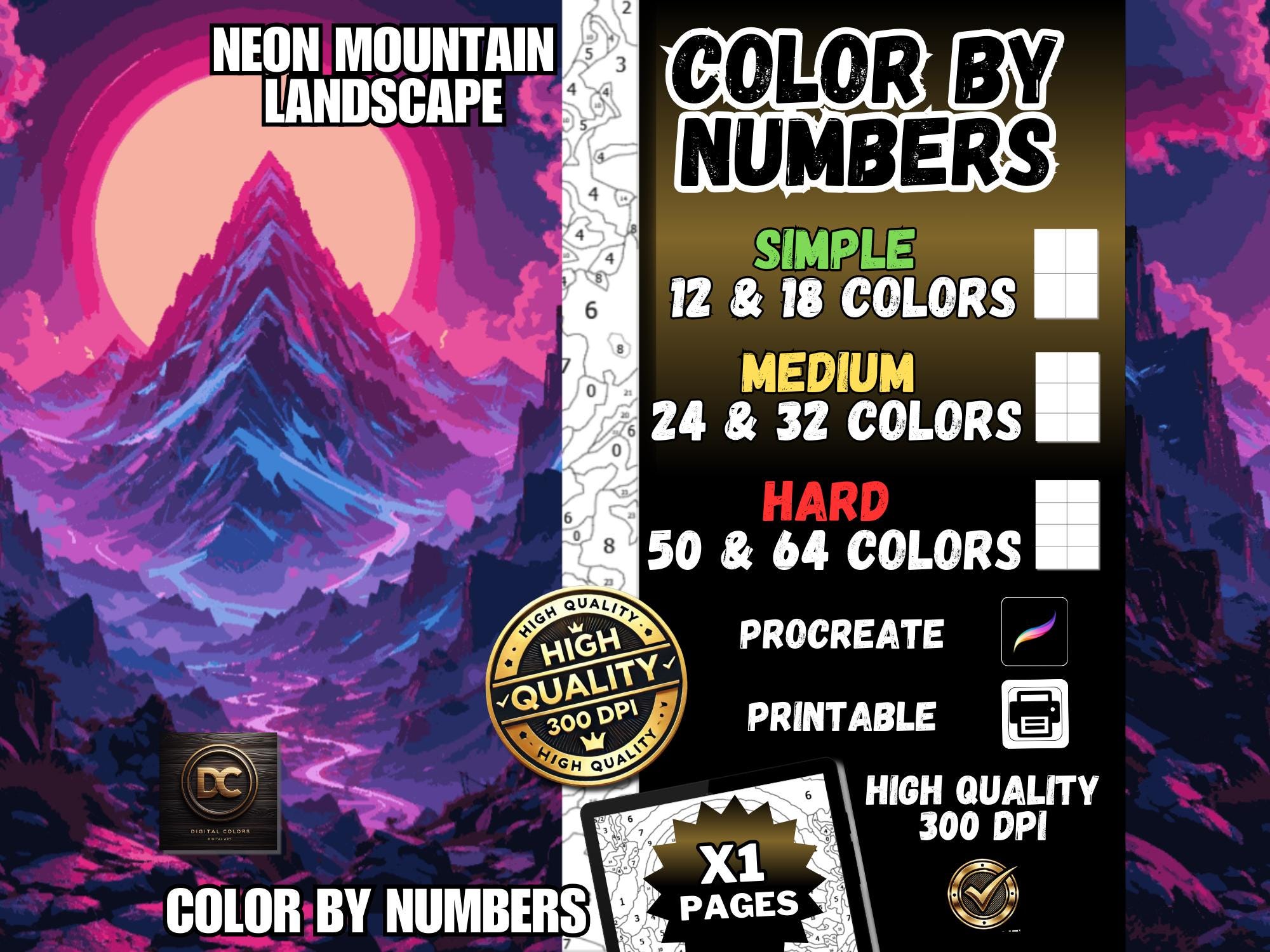 Paysage de montagne néon à colorier par numéros – Pages de coloriage numériques pour Procreate, iPad et imprimables