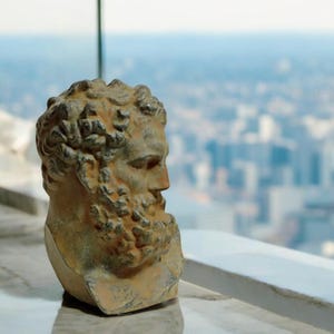 May include: A weathered, gray stone bust of a man with a beard and curly hair. The bust is facing to the right and is set against a blurry background of a city skyline.