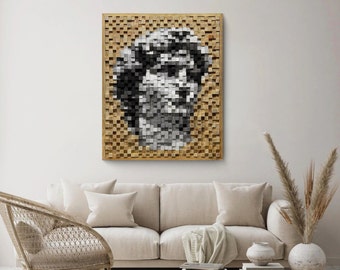 Arte de pared de madera, decoración de pared de madera grande, pixel art de David, mosaico de madera