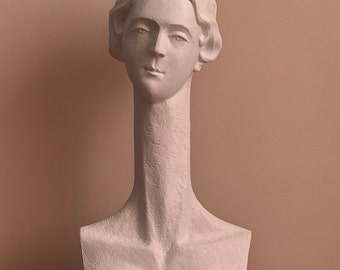 Cabeza de yeso de niña, escultura de mujer de yeso, obra de arte original