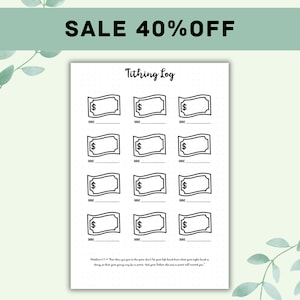 May include: A printable tithing log with a black and white design. The log has 12 spaces for recording tithing amounts. The text "Tithing Log" is at the top of the page. The text "Proverbs 3:9-10 "Honour the Lord with your possessions, and with the firstfruits of all your increase" is at the bottom of the page.