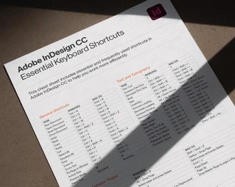 Hoja de referencia de atajos de teclado esenciales de Adobe InDesign CC: atajos de teclado, consejos y trucos. PC y Mac.