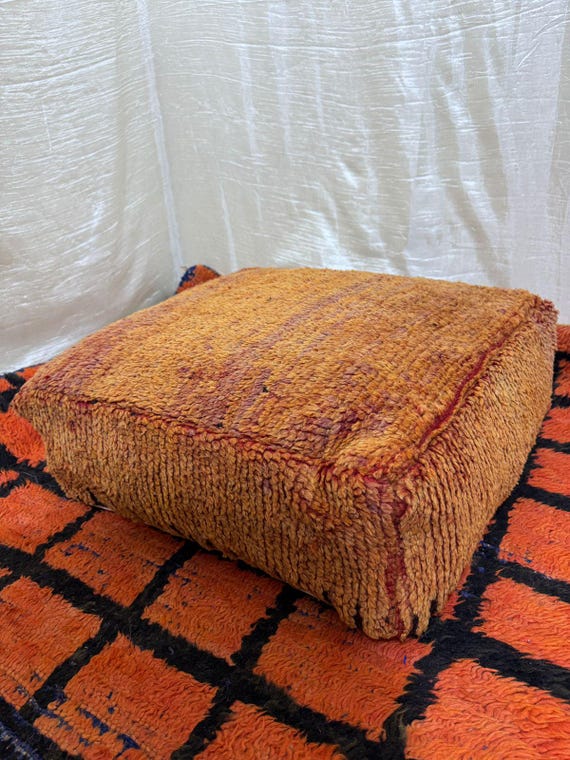 Vintage Moroccan Floor Pouf ;Handwoven Berber Cushion from Boujad Rug ;Boho Tribal Ottoman"
