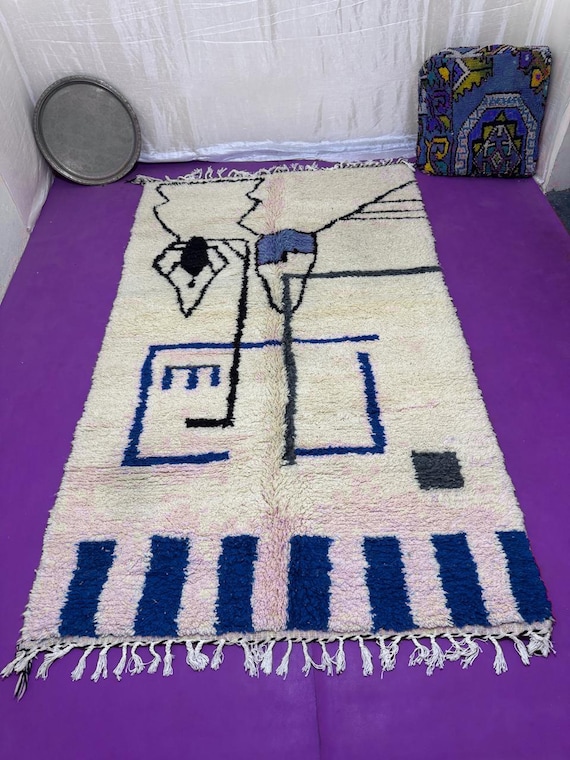 Blue Moroccan Rug ;Blue & White Wavy Beni ourain rug ;Handmade Striped Area Rug ;Custom Berber Wool Rug; rugs. hand made