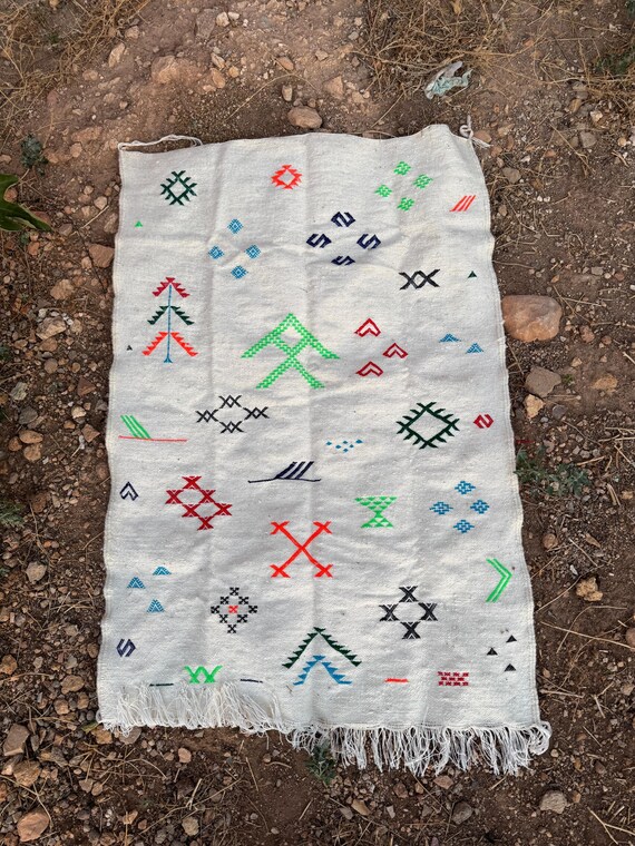 Colorful Handwoven Moroccan Rug – White Base with Bright Berber Tribal Symbols | Unique Bohemian Wall or Floor Decor