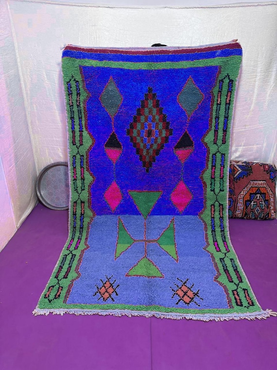 Blue Print Moroccan Rug, Colorful Persian Area Rug, Pattern Area Rug, Kids Room Rug, Boho Kitchen Rug, Decorative Washable Rug