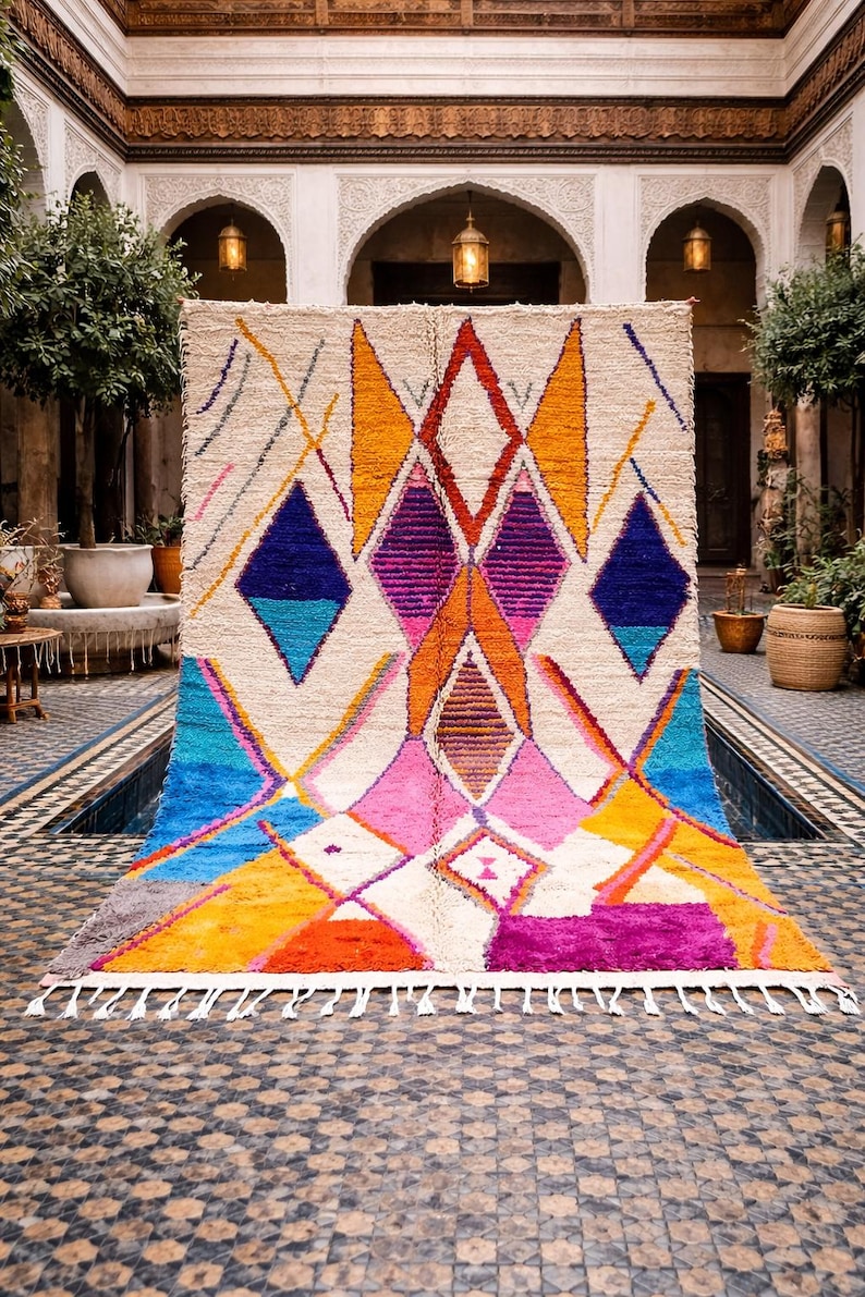 May include: A vibrant, geometric rug with a cream-colored background and a colorful diamond pattern. The design incorporates shades of blue, orange, pink, purple, and yellow. The rug has a fringe along the bottom edge and is displayed in an outdoor setting.