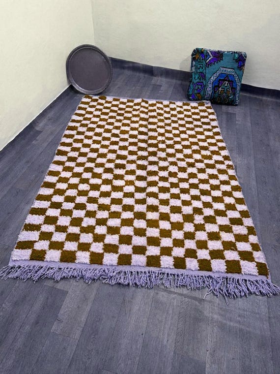 Beni Ourain Rug;Tribal Area Rug;White and Brown Rug;Moroccan Woven Rug;Beni Ourain Rug;Living Room Decor;Checkered Carpet.